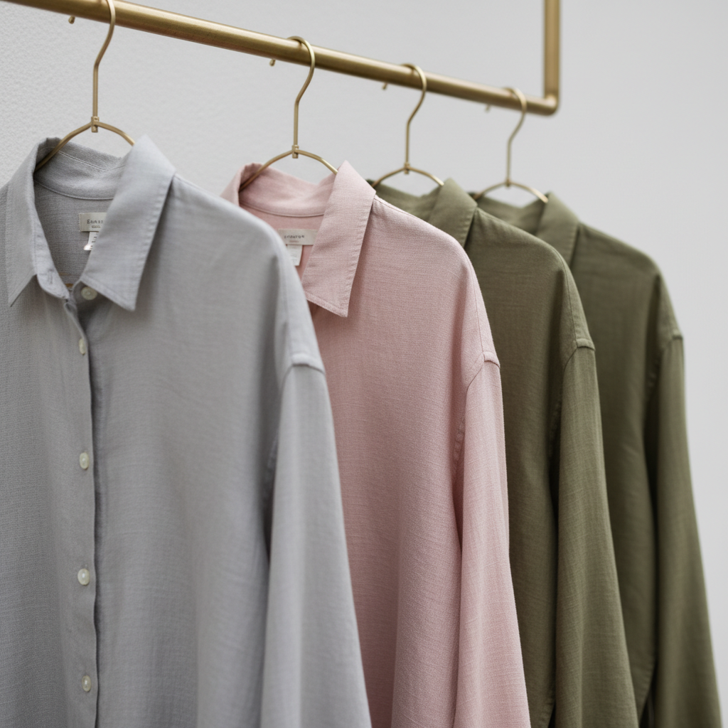 A row of finely crafted, sustainable linen shirts in delicate shades of dove grey, blush, and olive, perfectly arranged on slender brass hangers against an uncluttered matte dove-white wall. Each shirt’s organic fabric is subtly textured and impeccably finished with mother-of-pearl buttons. Gentle, overcast light bathes the scene from above, softening colors and highlighting the understated luster of the fabrics. The atmosphere is serene and refined, embodying an eco-conscious, modern allure. The camera is positioned at eye level, with a wide aperture to focus crisply on the nearest shirt while softly blurring the background. The composition employs rule-of-thirds spacing, enhancing the sophisticated, minimalist photographic style suited for a high-fashion garment company.
