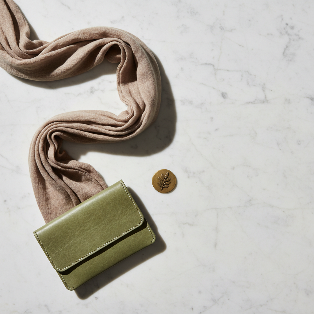 A flatlay showcasing a curated ensemble of eco-friendly accessories: a taupe organic cotton scarf, a hand-stitched cactus leather clutch, and a minimalist brass pin, arranged meticulously on an elegant, lightly textured calacatta marble slab. Each accessory is rendered in a muted color palette, with their natural textures and refined construction highlighted. Gentle studio lighting from the left casts soft gradients of shadow and light, creating a sense of tactile depth. The atmosphere is tranquil and stylish, evoking both luxury and environmental mindfulness. Captured from a top-down, bird's eye perspective, the balanced composition emphasizes negative space, fostering a clean, minimalist photographic aesthetic aligned with sophisticated sustainable fashion.