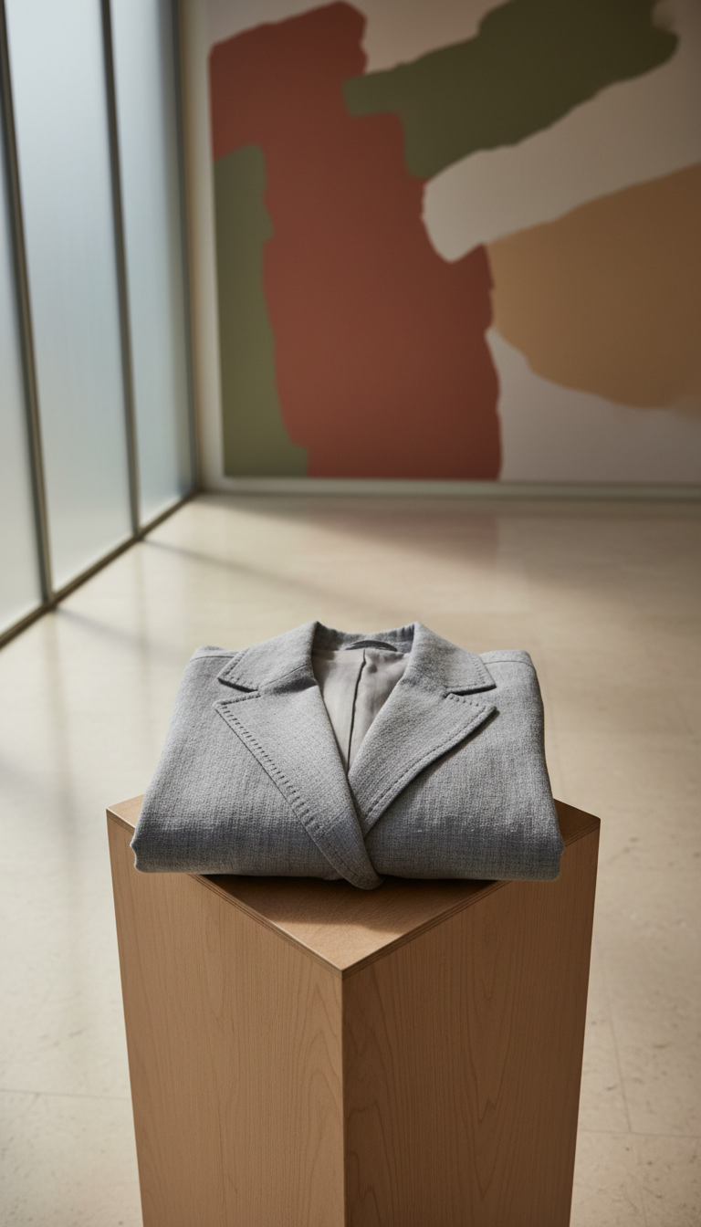 An elegantly folded, organic cotton blazer in a soft misty grey hue, displayed on a minimalist matte wooden display plinth. The fabric reveals subtle textural weaves and a luxurious, natural drape, with refined double stitching along the lapel. The setting is a serene boutique environment, with pale stone flooring and an abstract mural in muted earth tones in the background. Diffused natural daylight filters through frosted glass panels, producing soft highlights on the garment and gentle, elongated shadows. The mood is sophisticated and calm, infusing a sense of curated exclusivity. Compositionally, the image uses a slightly elevated, three-quarter angle and a centered layout, with a shallow depth of field that blurs the environment slightly, enhancing the polished, photographic realism and minimalist aesthetic.