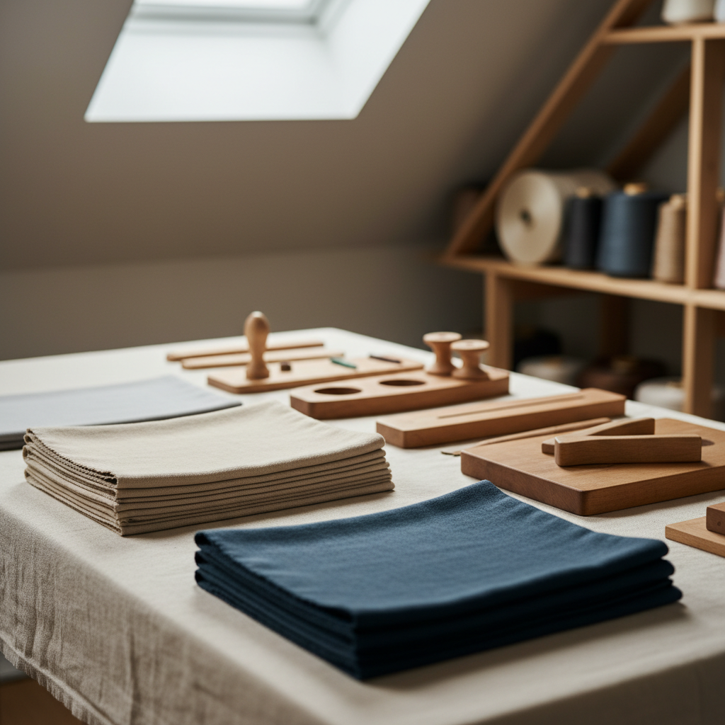 A close view of an artisan’s workspace corner, featuring neatly stacked, undyed organic fabric swatches in pale sand and slate blue, alongside finely polished wooden garment-making tools, resting on a natural linen-topped worktable. The background reveals a soft blur of large spools of eco-friendly thread on open shelving. Ambient daylight streams in from an unseen skylight, gently illuminating the different textures and grains. The resulting mood is contemplative and quietly industrious, channeling an atmosphere of skilled craftsmanship. Framed with an oblique, slightly overhead angle, the image holds sharp focus on the textures in the foreground while offering a mellow, photographic realism and minimalist composition fitting for a high-end, sustainable garment atelier.