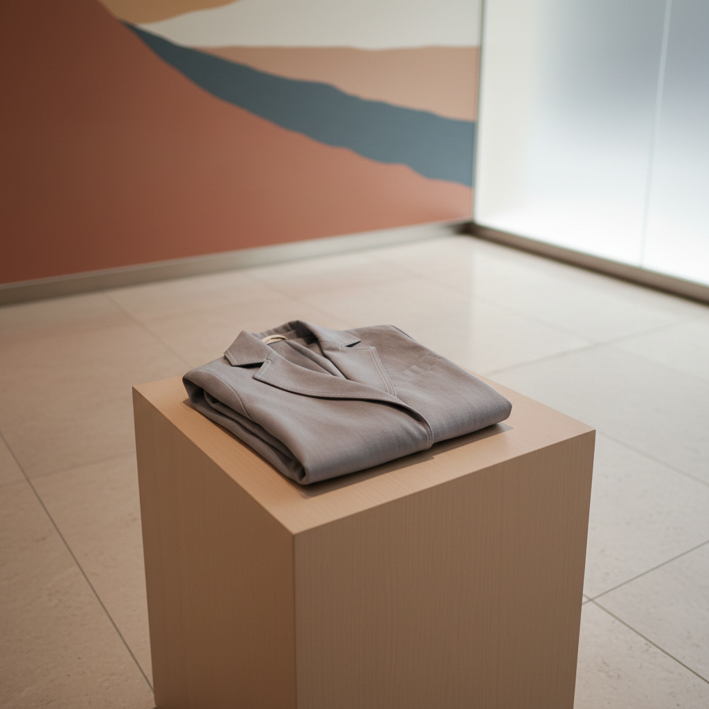 An elegantly folded, organic cotton blazer in a soft misty grey hue, displayed on a minimalist matte wooden display plinth. The fabric reveals subtle textural weaves and a luxurious, natural drape, with refined double stitching along the lapel. The setting is a serene boutique environment, with pale stone flooring and an abstract mural in muted earth tones in the background. Diffused natural daylight filters through frosted glass panels, producing soft highlights on the garment and gentle, elongated shadows. The mood is sophisticated and calm, infusing a sense of curated exclusivity. Compositionally, the image uses a slightly elevated, three-quarter angle and a centered layout, with a shallow depth of field that blurs the environment slightly, enhancing the polished, photographic realism and minimalist aesthetic.