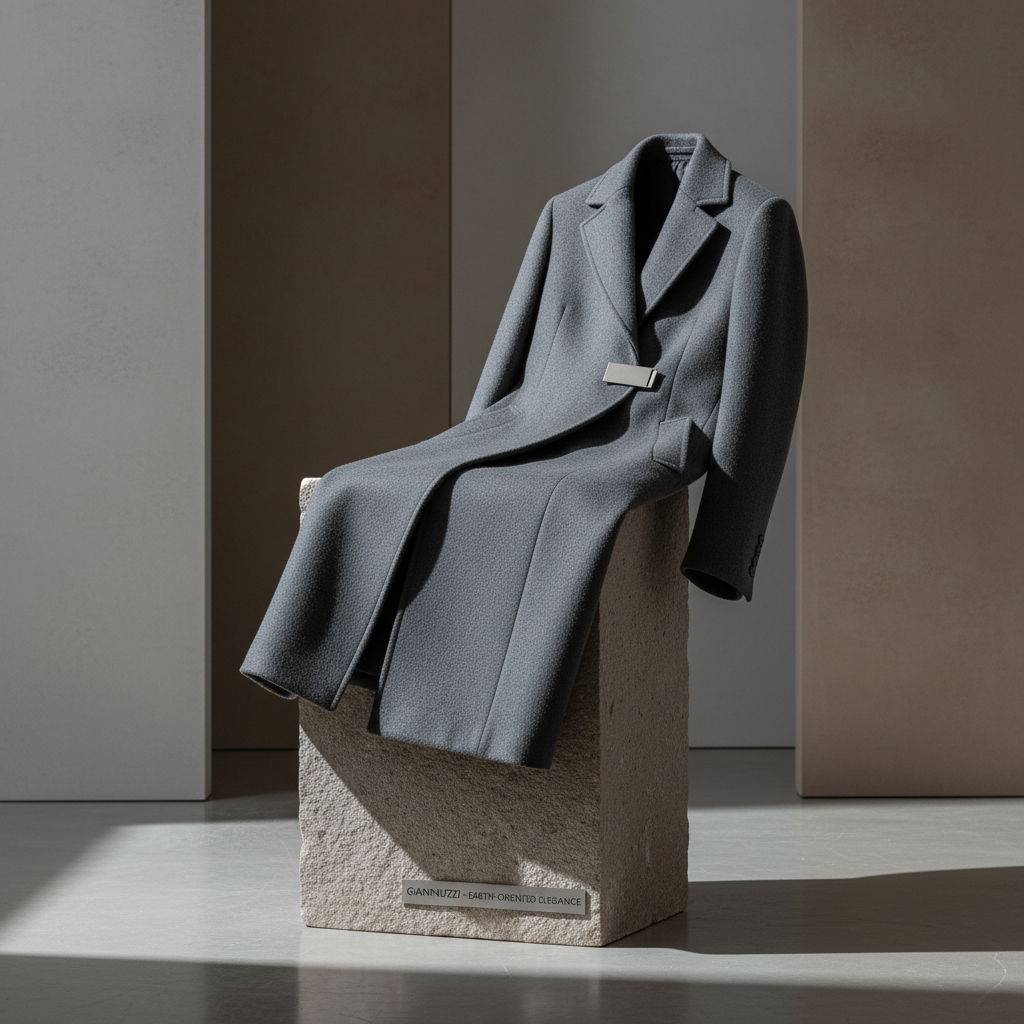A close-up of a single high-fashion, sustainable wool tailored coat in muted charcoal, artfully draped across a low, stone pedestal with barely-there gradient shadows. The wool features a fine, felted texture with subtle sheen, accentuated by a minimalist matte silver clasp detail. The setting is a quiet, modern showroom with polished concrete floors and soft, tonally-blended backdrop panels in stone and taupe. Soft, ambient lighting from concealed fixtures washes over the fabric, revealing refined details through gentle highlights. The mood is serene, emphasizing undeniable craftsmanship and elegance. The camera angle is low and intimate, focusing closely on the coat’s front lapel, employing a minimalist composition and photographic realism to underline the premium yet earth-oriented brand values of GIANNNUZZI.